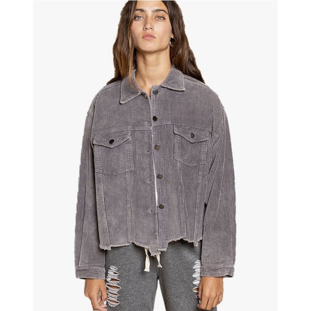 POL Clothing Frayed Hem Washed Corduroy Trucker Jacket Charcoal Grey Small